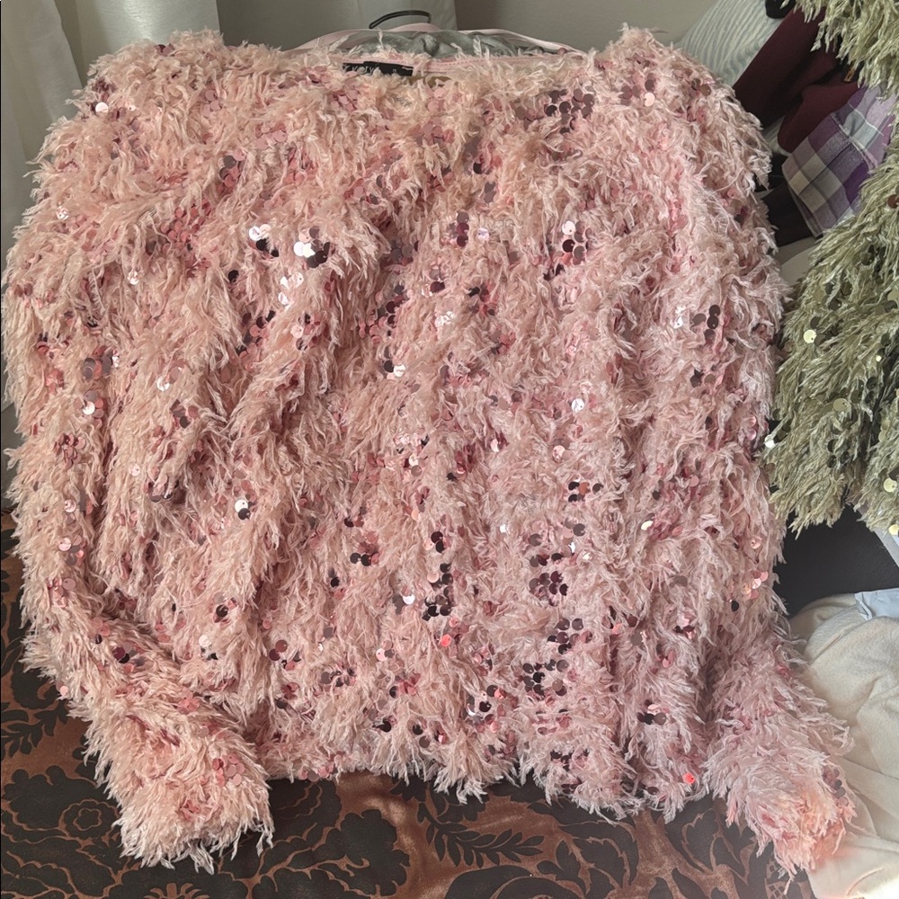 Very J Pink Sequin Fuzzy Top